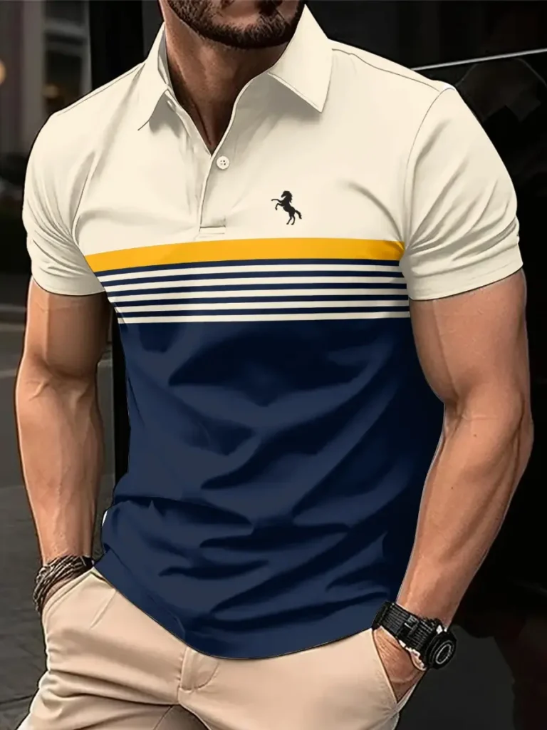 Camisa Polo Bege e Azul Marinho
